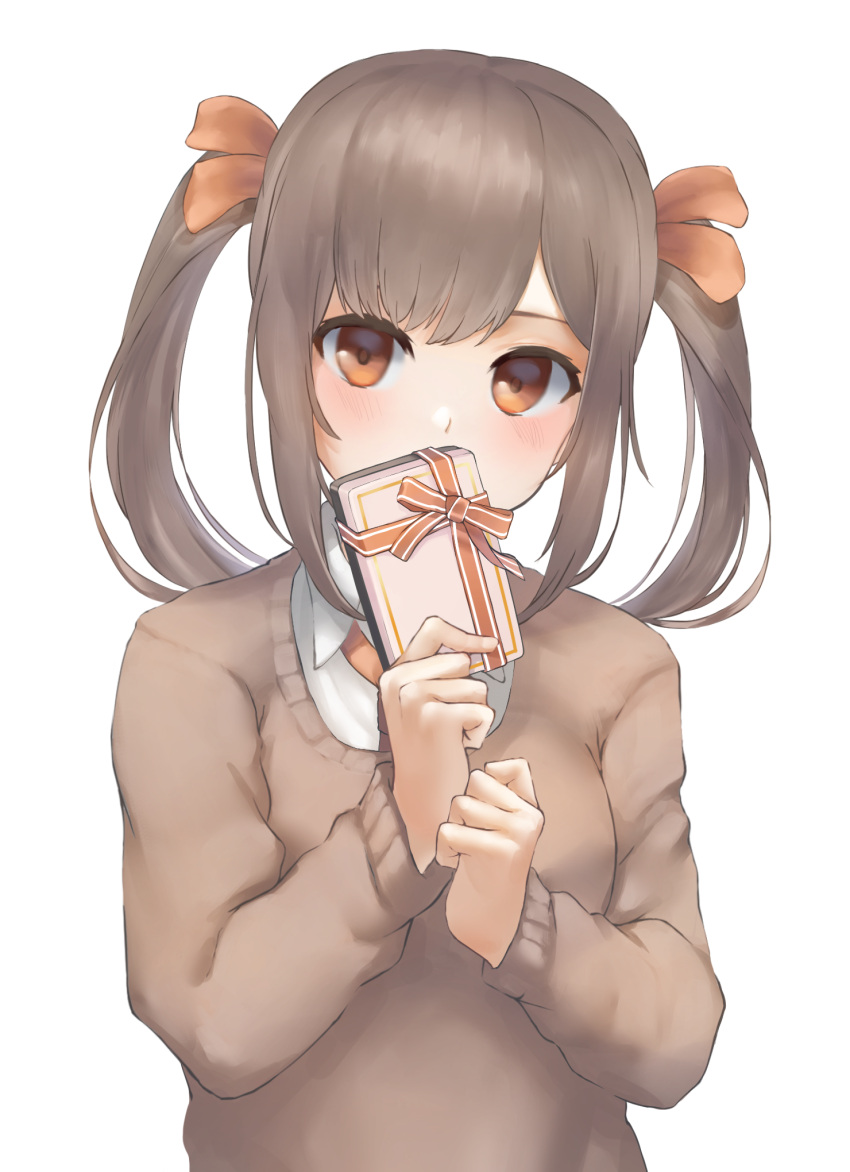 1girl, blush, box, brown_hair, brown_sweater, collared_shirt, covering_mouth, gift