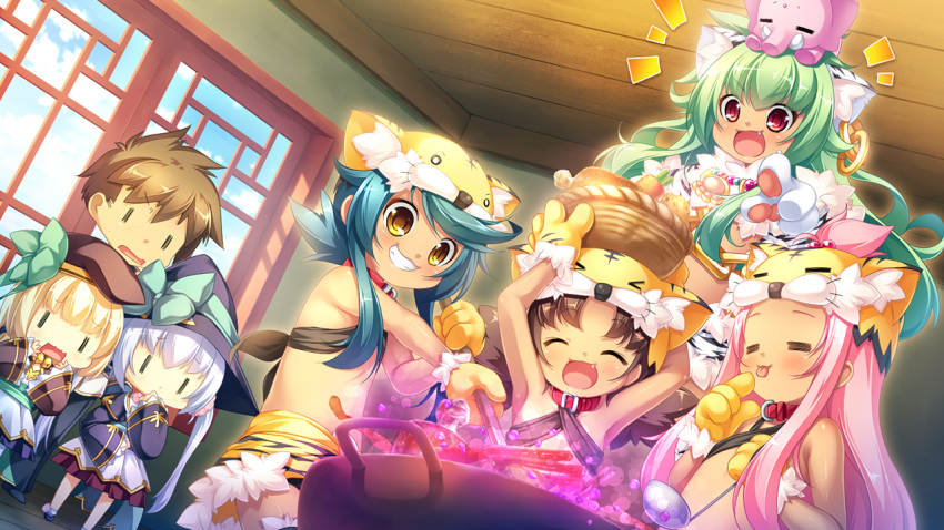 1boy, 6+girls, animal_ear_fluff, animal_ears, animal_print, armpits, arms_up, basket