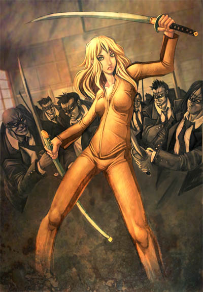 black_mamba, blonde_hair, bodysuit, bruce_lee's_jumpsuit, crazy_88, genzoman, katana, kill_bill