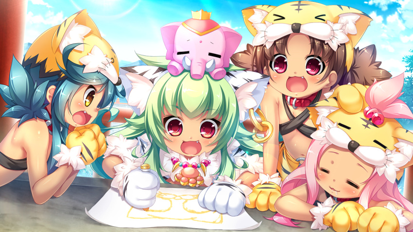 4girls, animal_ear_fluff, animal_ears, bikini_top, black_bikini_top, blue_hair, brown_eyes, brown_hair