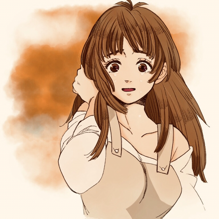 1girl, apron, arc_the_lad_ii, breasts, brown_eyes, brown_hair, collarbone, commentary_request