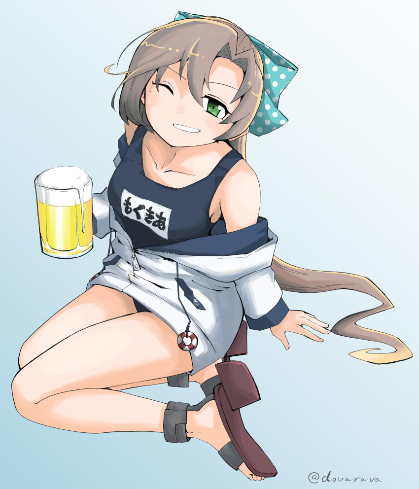 1girl, absurdres, akigumo_(kantai_collection), alcohol, beer, beer_mug, black_swimsuit, blue_background