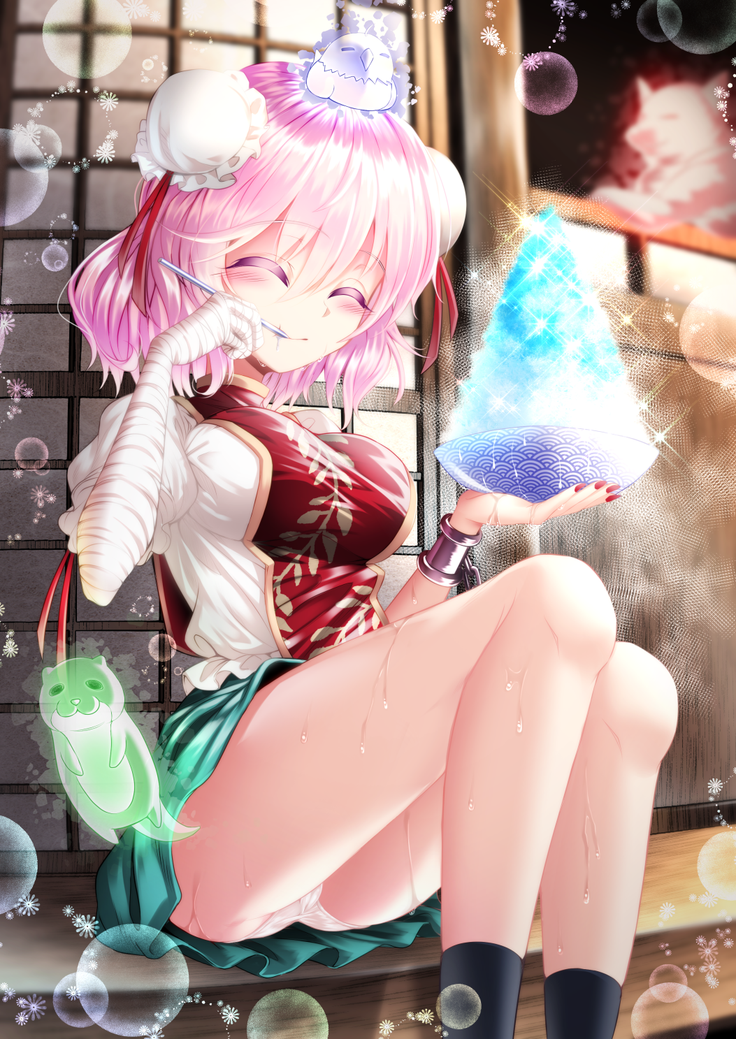 1girl, animal, animal_on_head, ass, bandaged_arm, bandages, bangs, bird