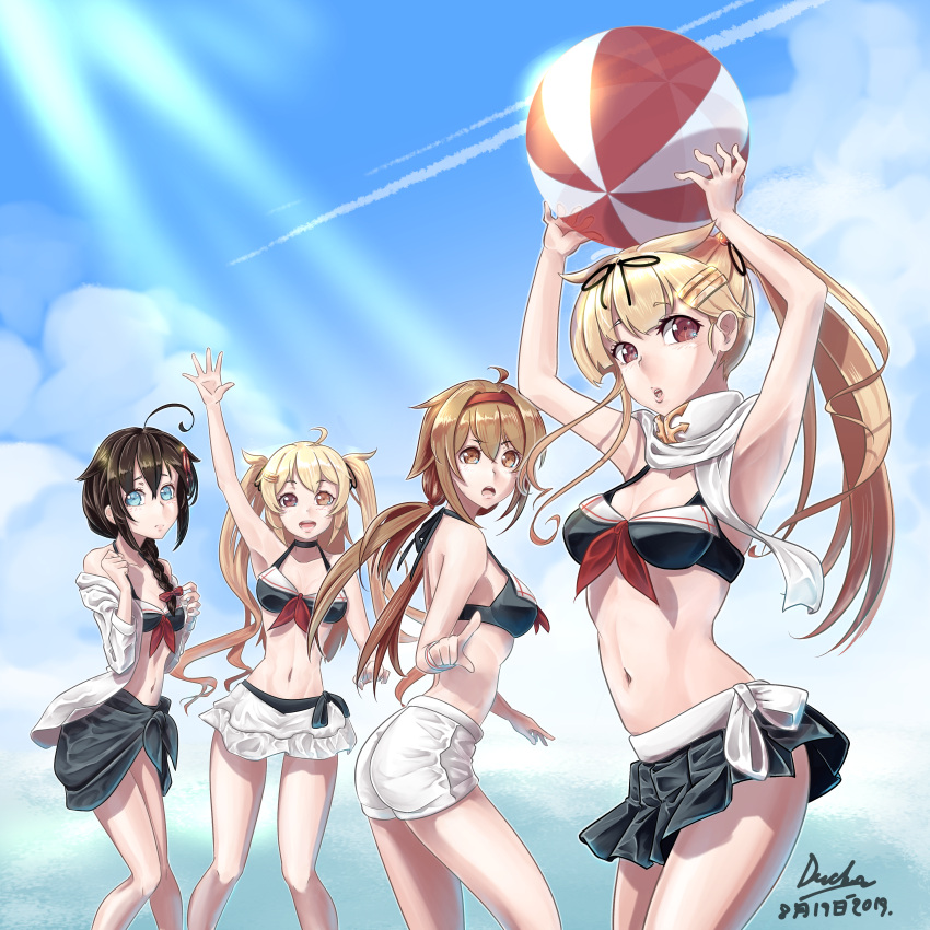 absurdres, ahoge, ball, beachball, bikini, bikini_skirt, bikini_top, black_bikini