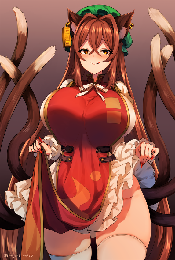 1girl, :>, :p, alternate_hair_length, alternate_hairstyle, animal_ears, bangs, breasts, brown_eyes, brown_hair, cat_ears, cat_tail, chen, commentary_request, crossed_bangs, dress, dress_lift, earrings, eyebrows_visible_through_hair, eyelashes, fingernails, frilled_dress, frilled_sleeves, frills, furrowed_eyebrows, gradient, gradient_background, green_headwear, groin, hair_intakes, hat, huge_breasts, jewelry, juliet_sleeves, layered_dress, light_blush, lips, long_fingernails, long_hair, long_sleeves, looking_at_viewer, marota, mob_cap, multiple_earrings, multiple_tails, neck_ribbon, no_panties, older, puffy_sleeves, red_nails, ribbon, seductive_smile, sharp_fingernails, sidelocks, smile, solo, standing, tabard, tabard_lift, tail, thick_thighs, thigh-highs, thighs, tongue, tongue_out, touhou, twitter_username, very_long_hair, white_dress, white_legwear, white_neckwear