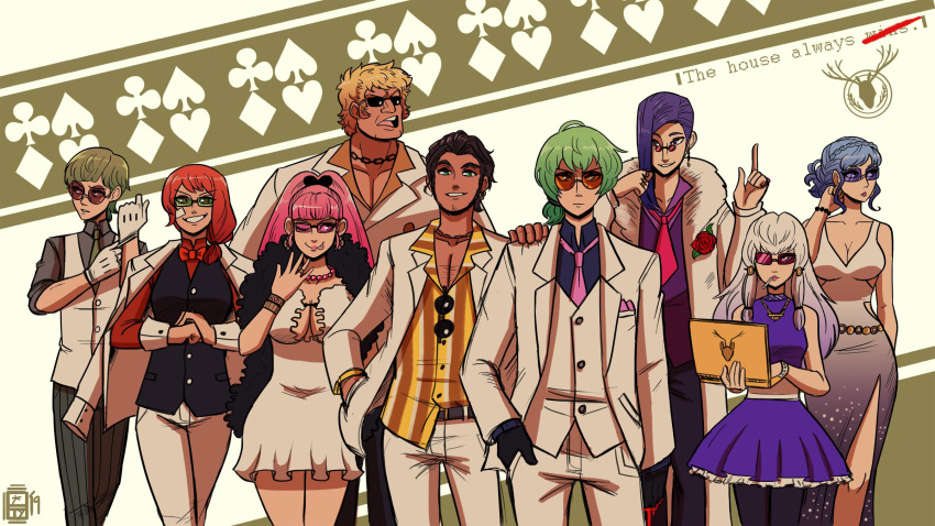 4girls, 5boys, byleth_(fire_emblem), claude_von_regan, computer, contemporary, cowboy_shot, dress