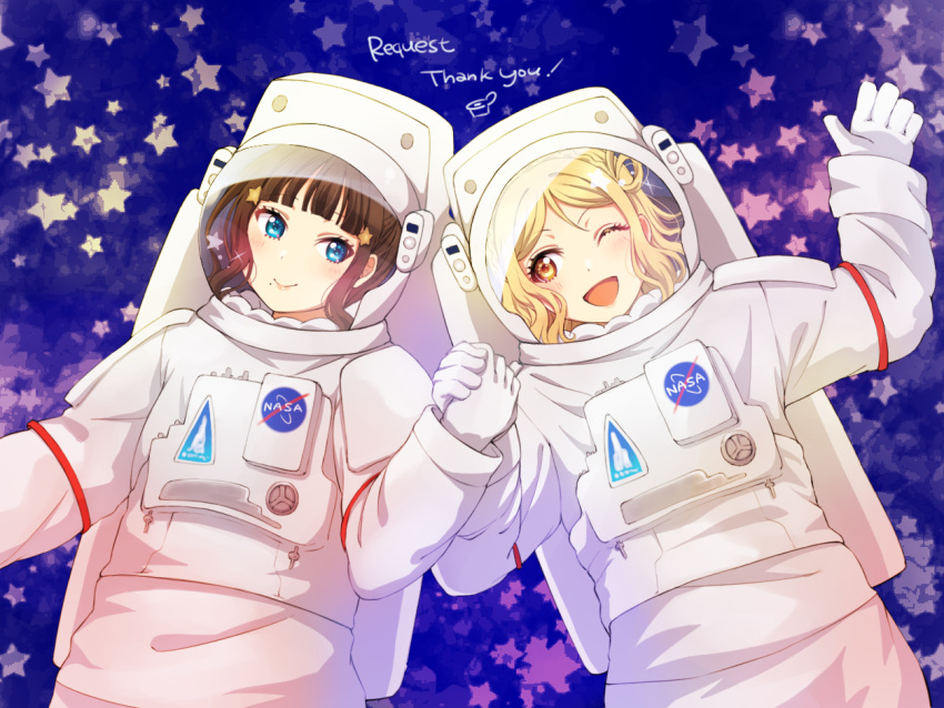 2girls, astronaut, black_hair, blonde_hair, blue_eyes, blush, closed_mouth, english_text