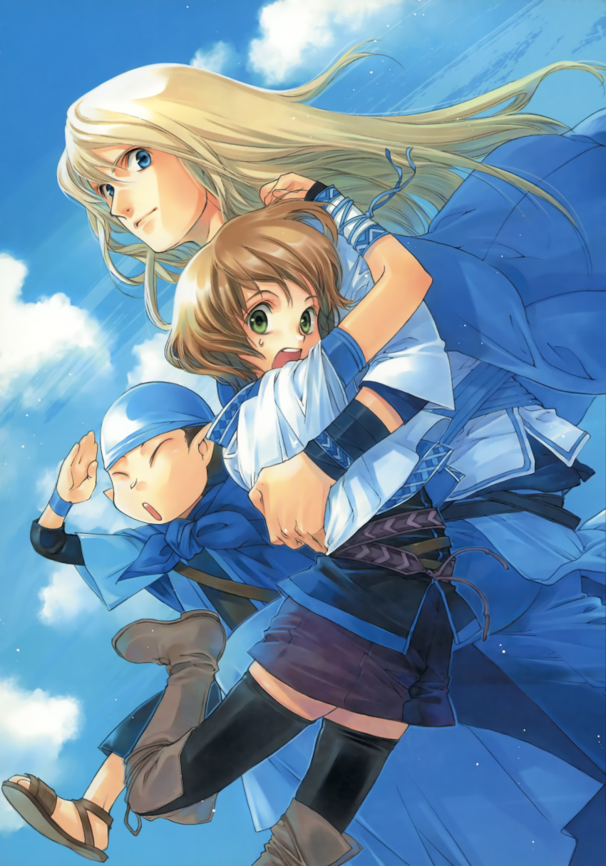 1boy, 2girls, age_difference, blonde_hair, blue_eyes, closed_eyes, frightened, green_eyes