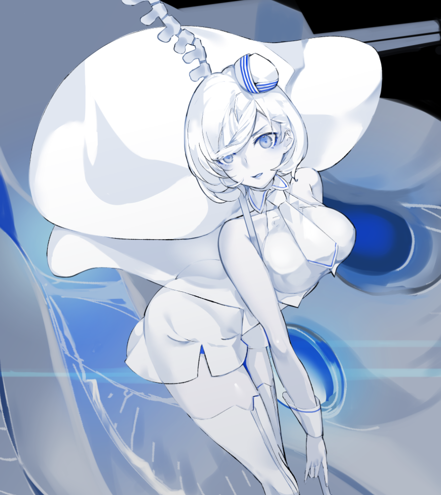 1girl, abyssal_pacific_hime, bangs, blue_eyes, bob_cut, breasts, cape, harpoon