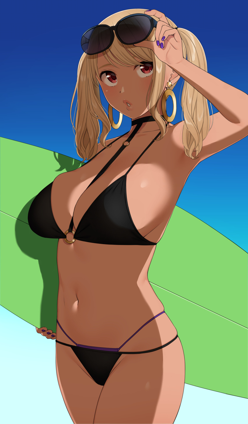 1girl, absurdres, bikini, black_bikini, blonde_hair, blue_background, breasts, commentary_request