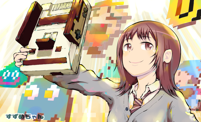 1girl, amasuzume, brown_eyes, brown_hair, brown_neckwear, coin, copyright_request, famicom