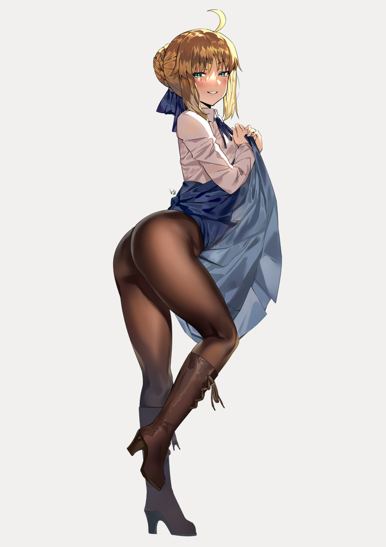 1girl, ahoge, artoria_pendragon_(all), ass, bangs, blonde_hair, blue_ribbon, blue_skirt