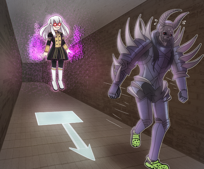 1boy, 1girl, black_jacket, black_pants, black_skirt, boots, crocs, death_knight_(fire_emblem), directional_arrow, english_commentary, evil_smile, fire_emblem, fire_emblem:_three_houses, fleeing, floating, glowing, glowing_eyes, hallway, helmet, horned_helmet, jacket, long_hair, lysithea_von_ordelia, magic, pants, red_eyes, school_uniform, skirt, skull_mask, smile, spiked_armor, sweatdrop, terrifiedmouse, white_footwear, white_hair