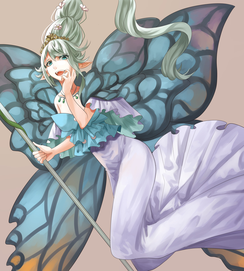 1girl, :d, bangs, blue_wings, butterfly_wings, dress, eyebrows_visible_through_hair, fairy, final_fantasy, final_fantasy_xiv, floating_hair, flower, hair_between_eyes, hair_flower, hair_ornament, hand_up, highres, holding, holding_staff, jewelry, long_hair, looking_at_viewer, necklace, ojiki, open_mouth, pointy_ears, silver_hair, smile, solo, staff, teeth, tiara, titania_(final_fantasy), white_dress, wings