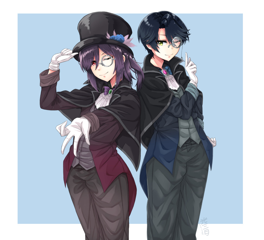 2girls, absurdres, adjusting_headwear, bang_dream!, bangs, black_cape, black_hair, black_headwear