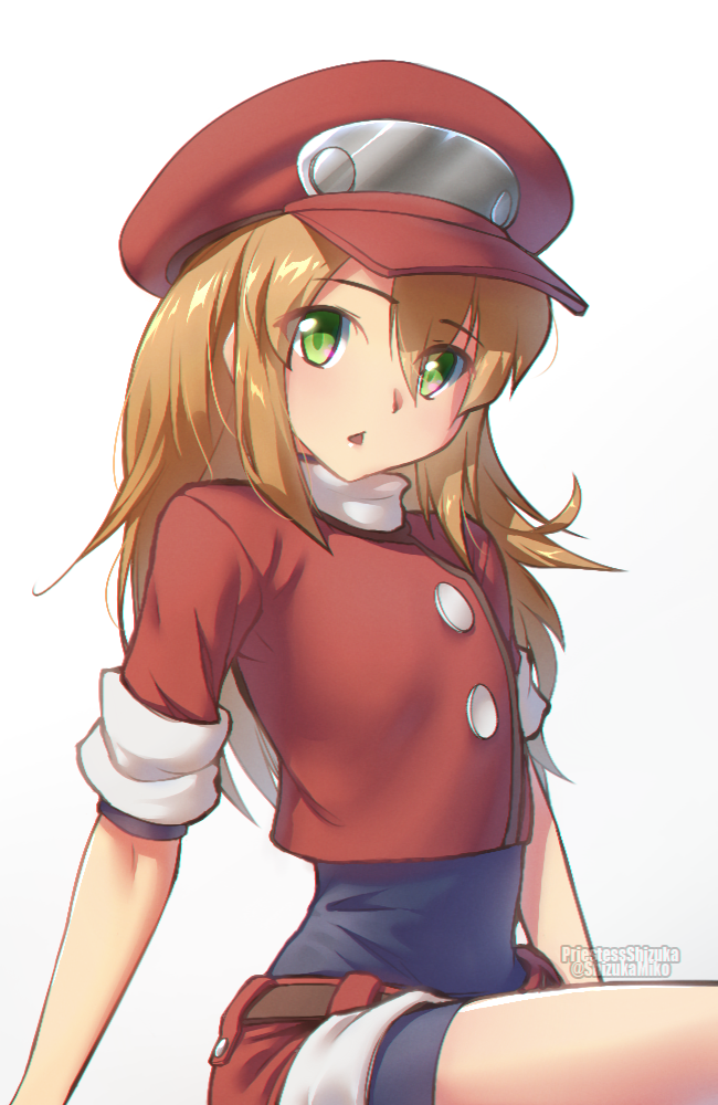 1girl, bike_shorts, bike_shorts_under_shorts, blonde_hair, blush, cabbie_hat, capcom, green_eyes
