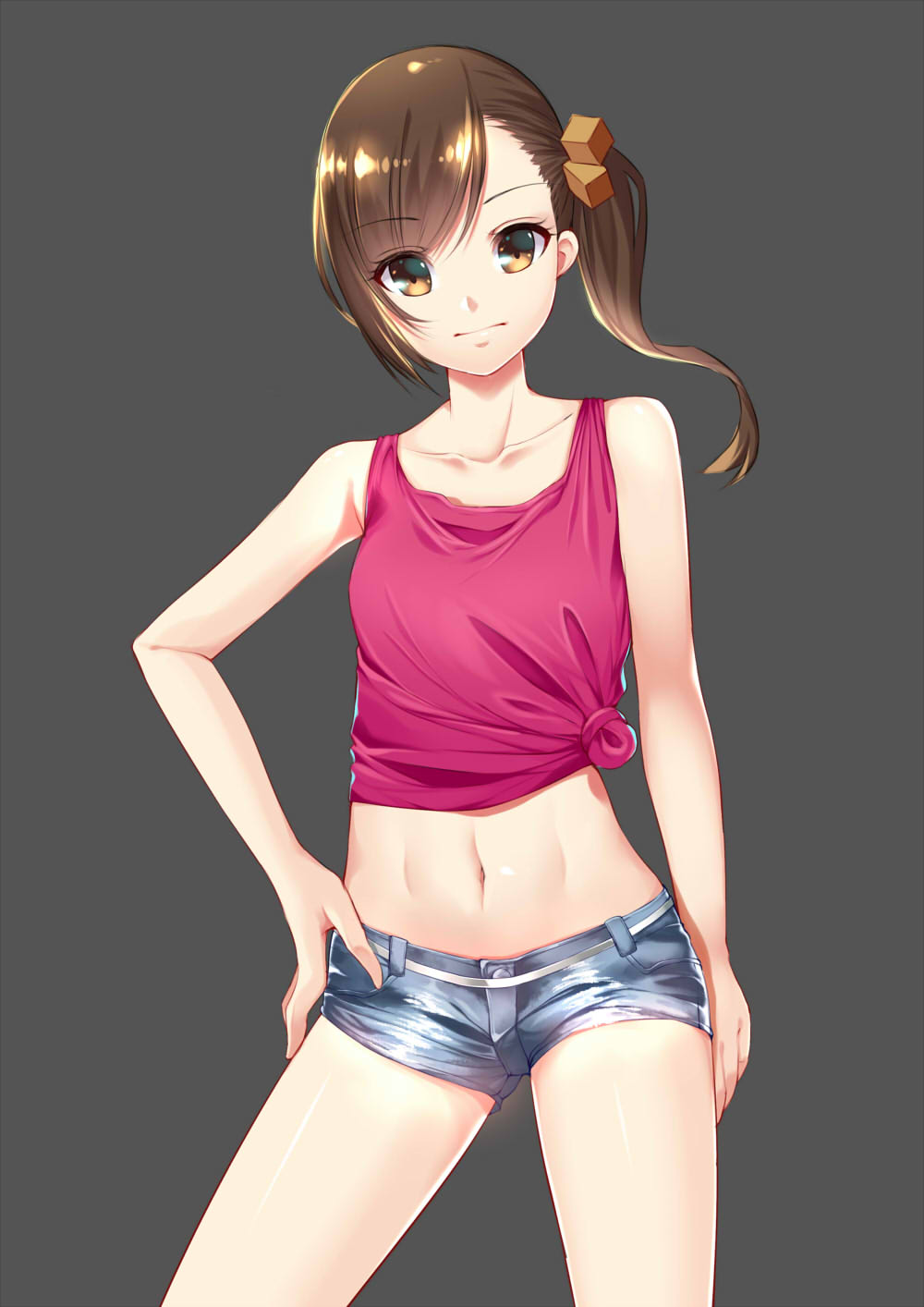 1girl, asymmetrical_hair, bangs, blue_shorts, brown_eyes, brown_hair, closed_mouth, collarbone