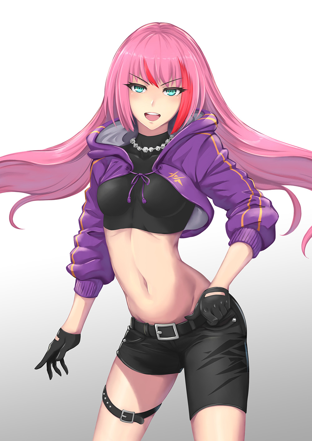 1girl, :d, asymmetrical_shorts, belt, belt_buckle, black_belt, black_gloves, black_shorts
