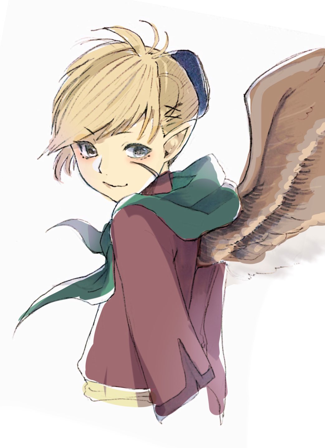 1boy, back, blonde_hair, blue_eyes, dragon_boy, elf, feathered_wings, fire_emblem, fire_emblem:_akatsuki_no_megami, fire_emblem:_radiant_dawn, hair_bun, hair_ornament, hairclip, highres, intelligent_systems, janaff, male_focus, nintendo, pointy_ears, scar, solo, upper_body, user_fwhz3747, white_background, wings