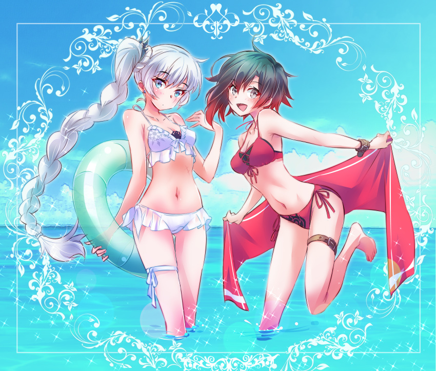 2girls, absurdres, belt, bikini, bikini_bottom, bikini_skirt, bikini_top, black_hair