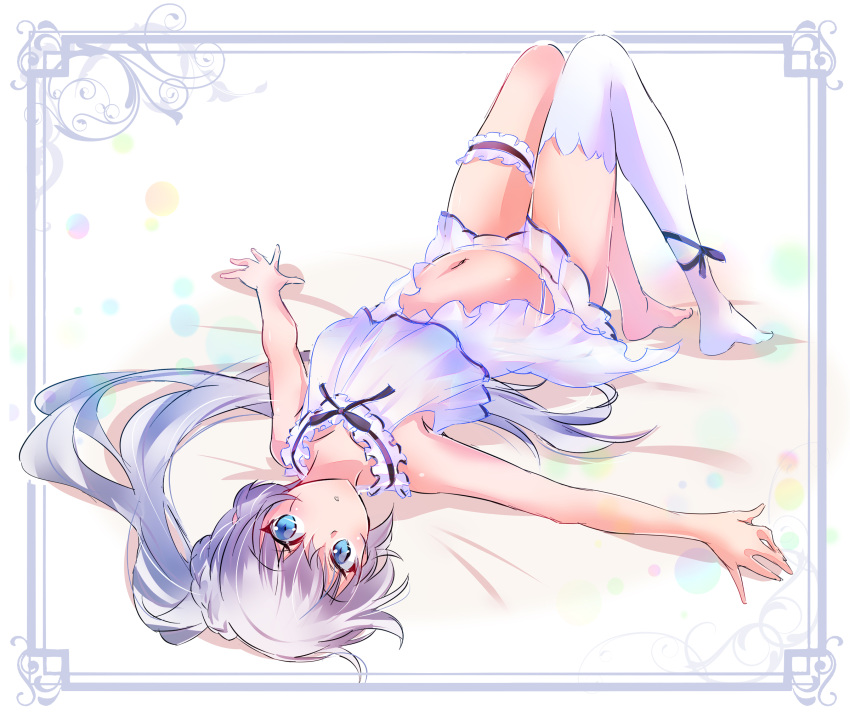 1girl, bare_arms, bare_shoulders, bed, black_ribbon, blue_eyes, collarbone, commentary_request