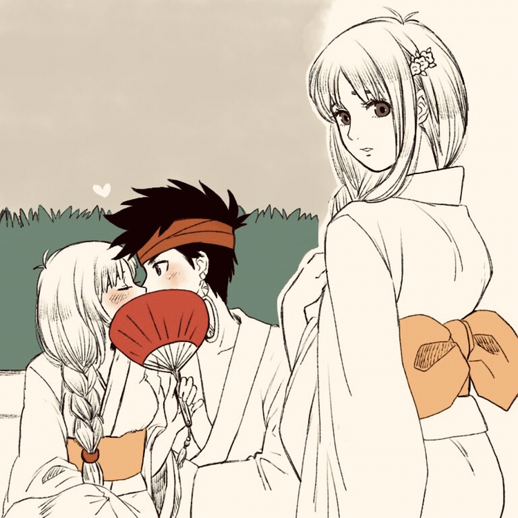 1boy, 1girl, arc_the_lad_ii, braid, breasts, commentary_request, elc_(arc_the_lad), hair_over_shoulder