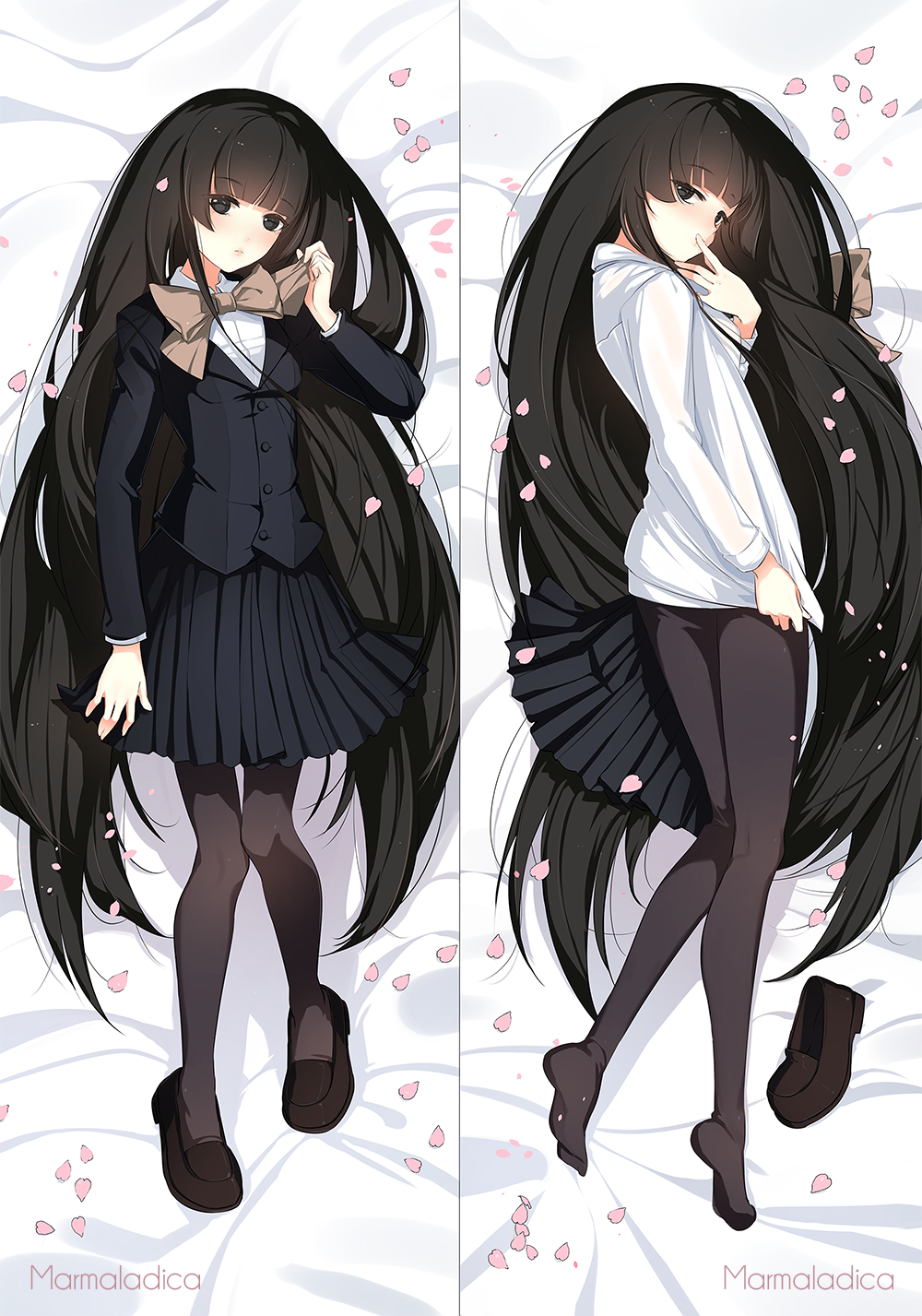 1girl, artist_name, bangs, bed_sheet, black_eyes, black_footwear, black_hair, black_jacket