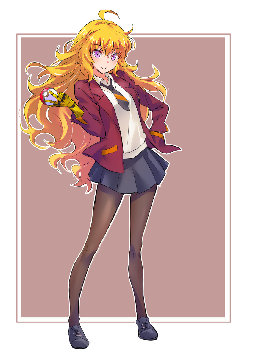 1girl, absurdres, ahoge, black_legwear, black_skirt, blazer, blonde_hair, breasts
