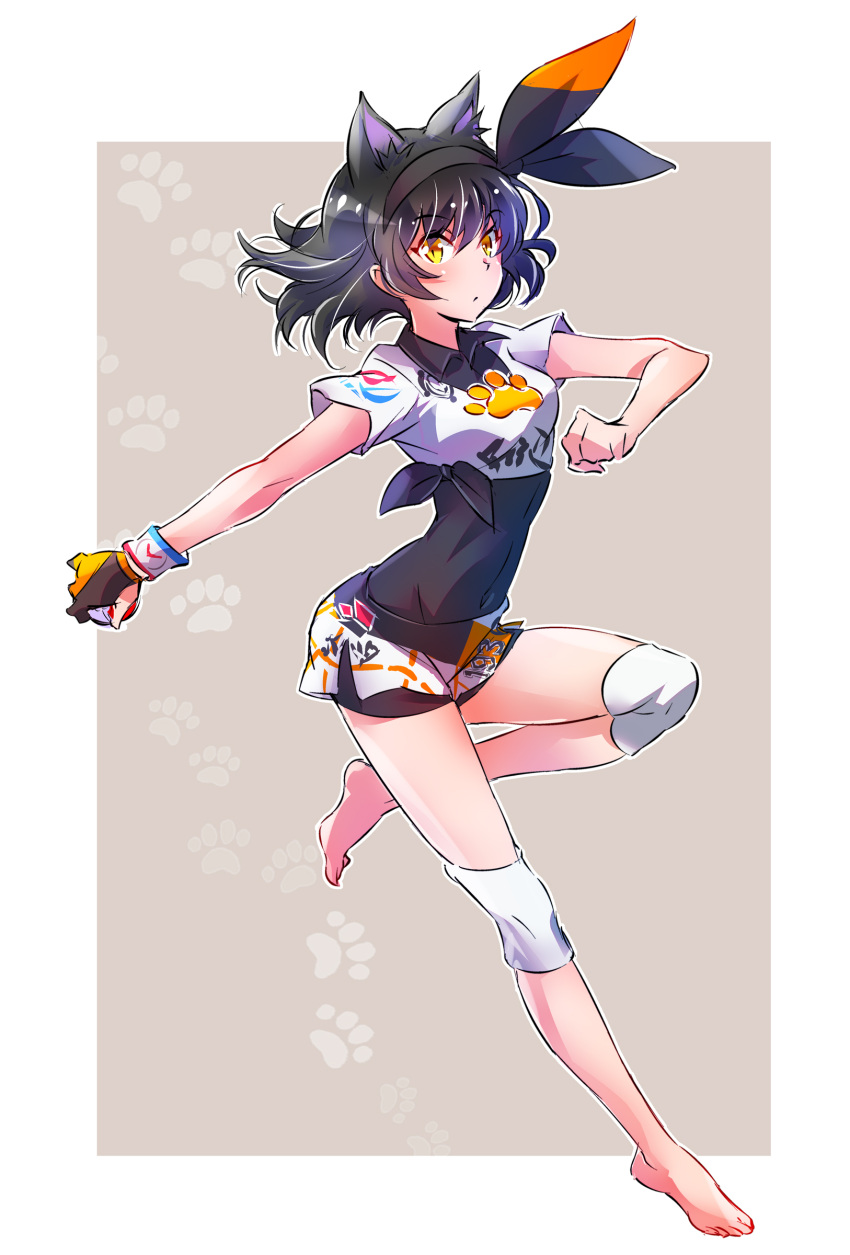 1girl, absurdres, animal_ears, barefoot, bea_(pokemon), bea_(pokemon)_(cosplay), blake_belladonna, bodysuit