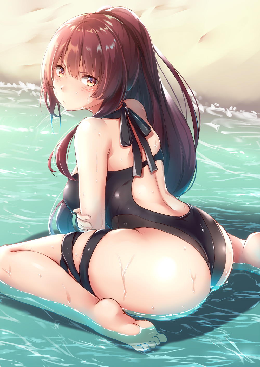 1girl, alternate_costume, ass, bangs, bare_shoulders, barefoot, beach, bit_(keikou_syrup)