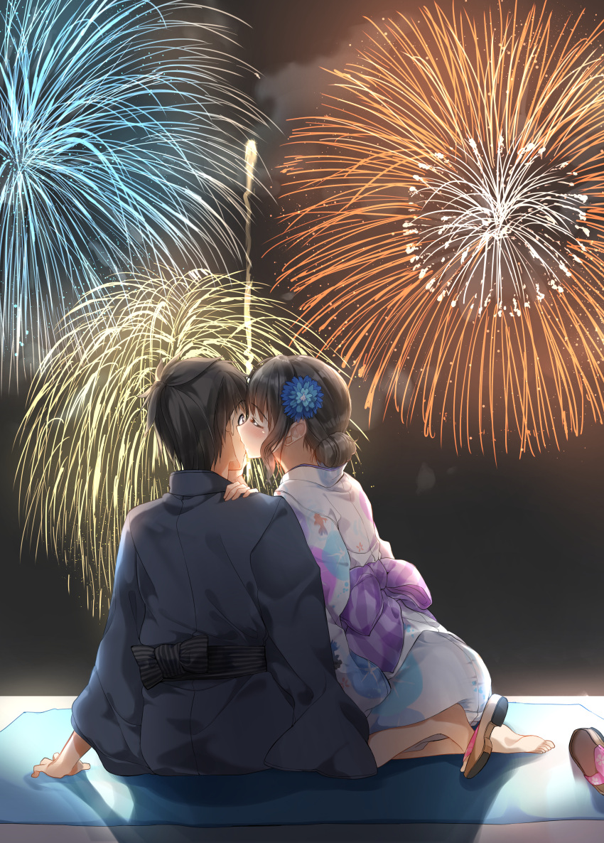1boy, 1girl, absurdres, aerial_fireworks, animal_print, bangs, barefoot, black_bow