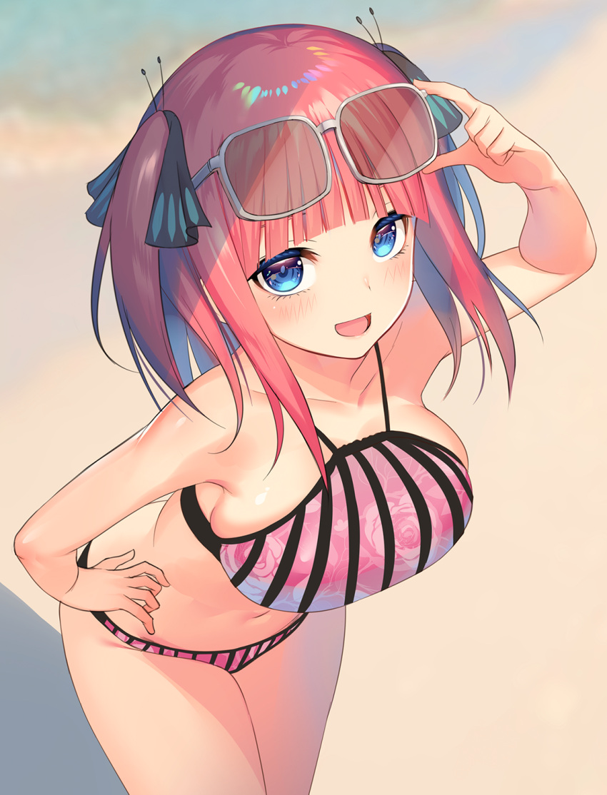 1girl, :d, arm_up, bangs, bikini, black_ribbon, blue_eyes, blunt_bangs