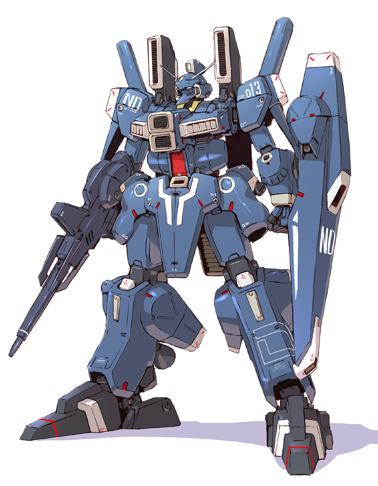 beam_rifle, commentary_request, energy_gun, full_body, gundam, gundam_mk_v, gundam_sentinel, mamecchi, mecha, no_humans, shield, simple_background, solo, standing, weapon, white_background