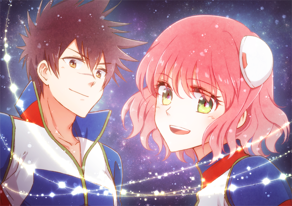 1boy, 1girl, aihara_kaya, aries_spring, brown_hair, green_eyes, heterochromia, kanata_hoshijima