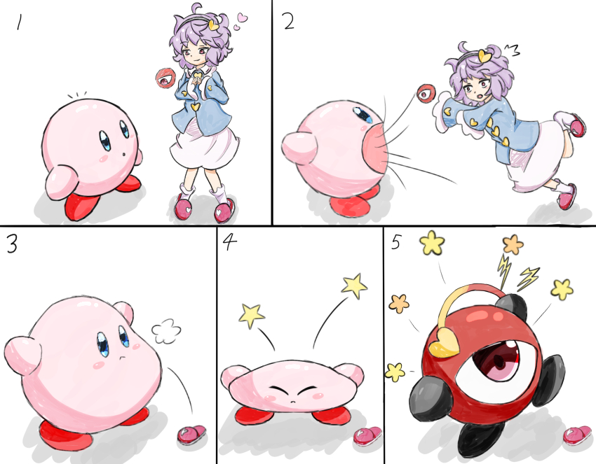 1boy, 1girl, blouse, blue_blouse, blue_eyes, blush_stickers, bobby_socks, commentary, copy_ability, crossover, cyclops, hal_laboratory_inc., heart, hoshi_no_kirby, kakineko, kirby, kirby_(series), komeiji_satori, long_skirt, nintendo, open_mouth, parody, pink_skirt, purple_hair, red_eyes, red_footwear, ribbon-trimmed_collar, ribbon_trim, short_hair, skirt, sleeves_past_fingers, sleeves_past_wrists, socks, team_shanghai_alice, third_eye, touhou, waddle_doo, what