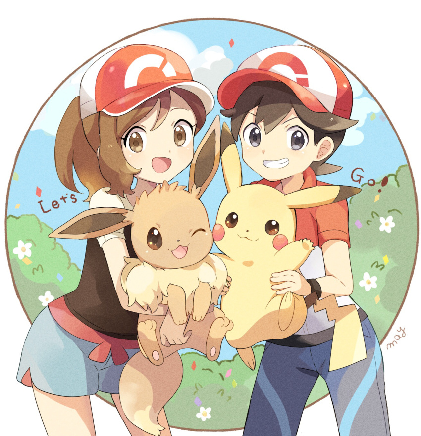 1boy, 1girl, :3, arms_up, artist_name, ayumi_(pokemon), bangs, baseball_cap