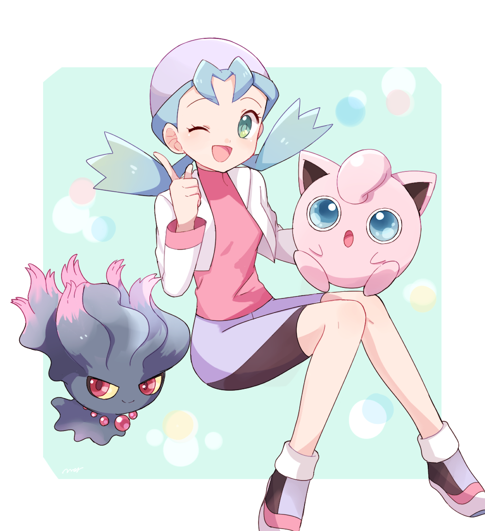 1girl, 2others, antenna_hair, aqua_background, aqua_eyes, aqua_hair, artist_name, balloon_(pokemon)