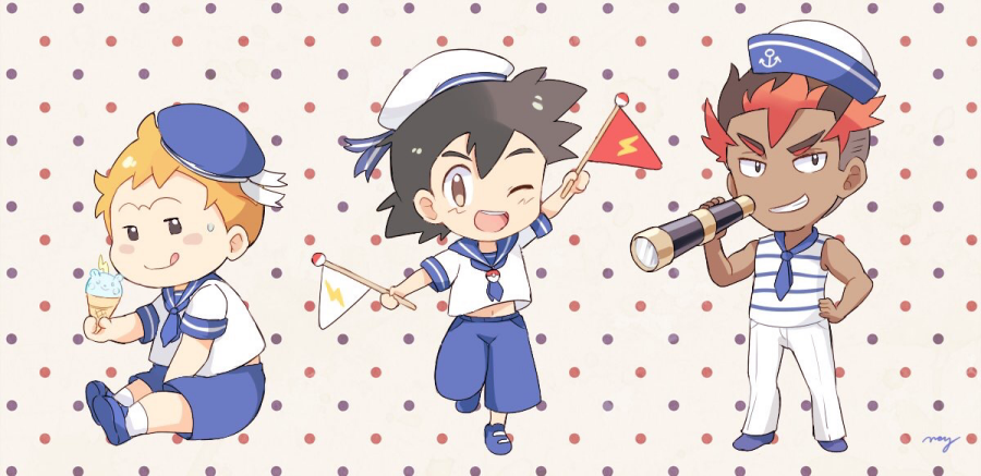 3boys, ahoge, alternate_costume, anchor_symbol, arm_up, artist_name, bangs, bare_shoulders
