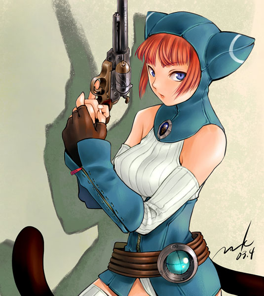 bare_shoulders, belt, blue_eyes, breath_of_fire, breath_of_fire_v, cat_ears, cat_hood, cat_tail