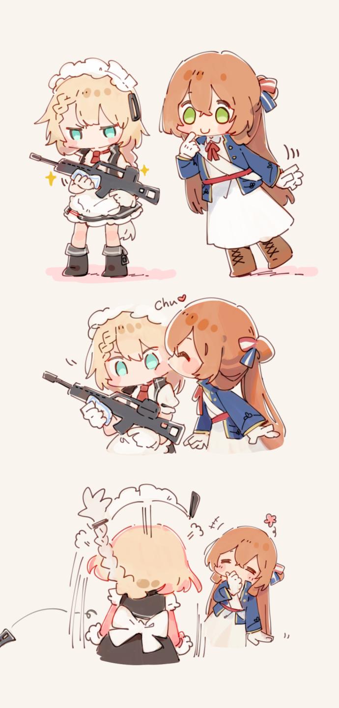 2girls, assault_rifle, blonde_hair, blue_eyes, brown_hair, cheek_kiss, chibi, cleaning_gun