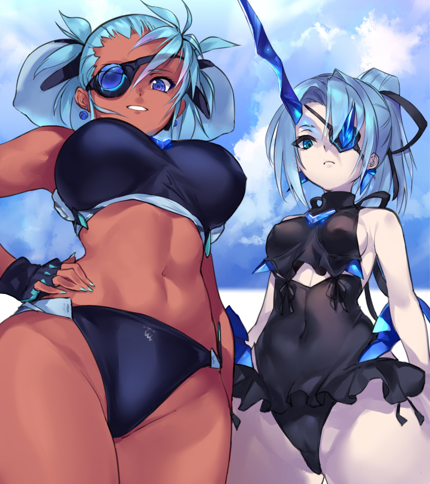 2girls, alternate_costume, bare_shoulders, bikini, black_bikini, blue_eyes, blue_hair, blue_nails