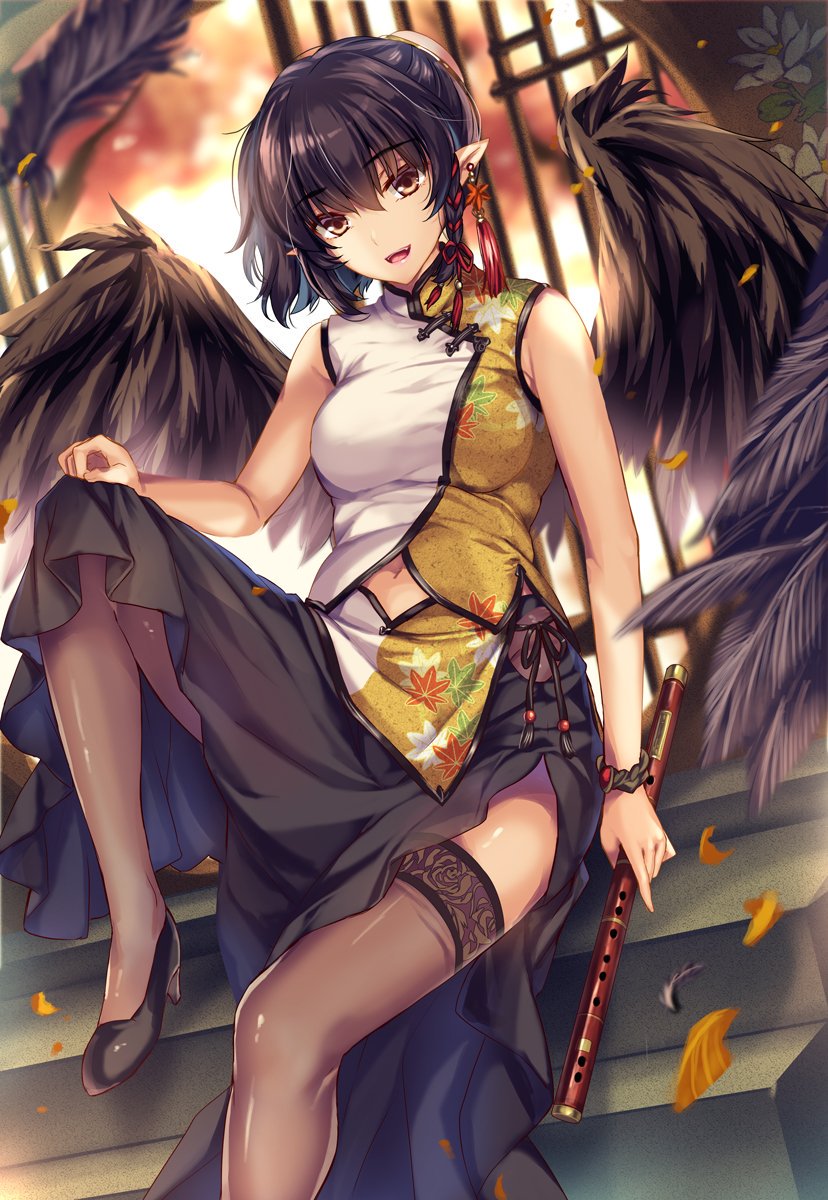 1girl, :d, adapted_costume, bangs, bare_arms, bare_shoulders, black_footwear, black_hair, black_skirt, braid, breasts, brown_eyes, china_dress, chinese_clothes, commentary_request, dress, dutch_angle, earrings, eyebrows_visible_through_hair, feathers, feet_out_of_frame, flute, hair_between_eyes, hair_bun, high_heels, highres, holding, holding_instrument, instrument, jewelry, knee_up, leaf, leaf-pattern_stripe, leaf_print, looking_at_viewer, medium_breasts, moneti_(daifuku), navel, navel_cutout, no_hat, no_headwear, open_mouth, pointy_ears, shameimaru_aya, sheer_legwear, short_hair, side_slit, sidelocks, single_braid, skirt, sleeveless, sleeveless_dress, smile, solo, stairs, thigh-highs, thighs, touhou, white_dress, wrist_cuffs