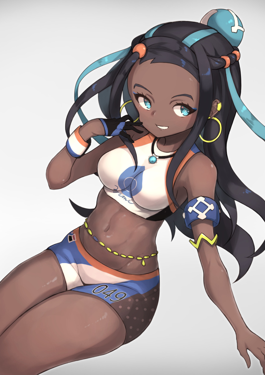1girl, absurdres, bare_shoulders, belly_chain, black_hair, blue_eyes, blue_hair, breasts