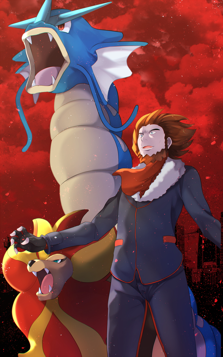 1boy, ascot, beard, blue_eyes, building, fingerless_gloves, fleur-de-lis_(pokemon), gyarados
