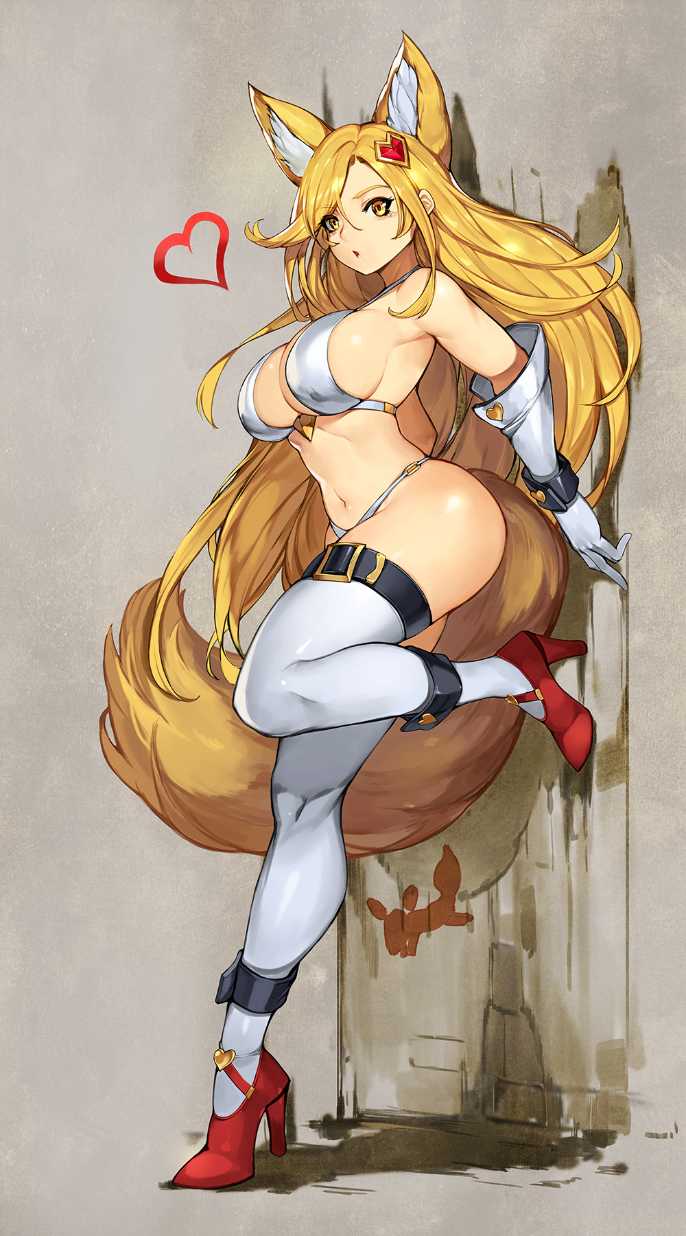 1girl, animal_ears, asymmetrical_hair, bikini, blonde_hair, breasts, fox_ears, fox_girl
