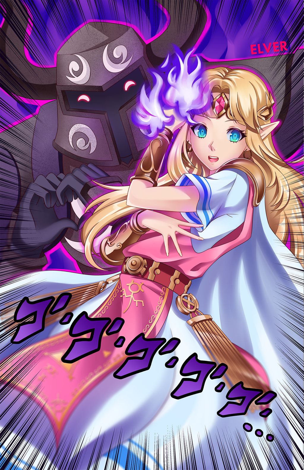 1girl, 1other, artist_name, bangs, belt, blonde_hair, blue_eyes, bracer