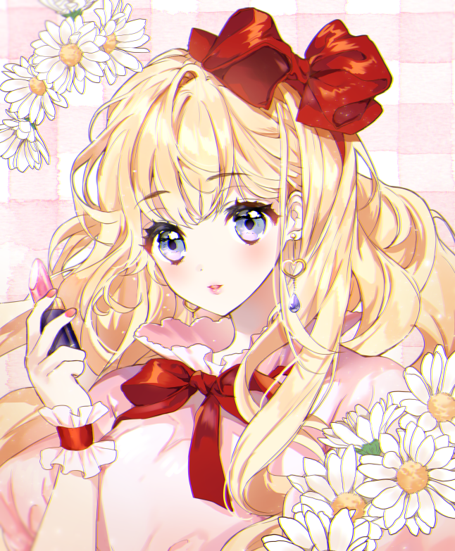 1girl, bangs, blonde_hair, blue_eyes, bow, chii_(nyaong9), earrings, flower