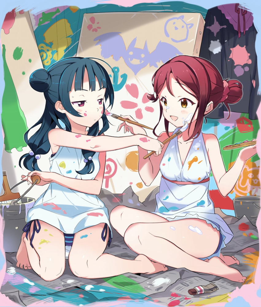 2girls, :d, alternate_hairstyle, bangs, barefoot, bikini, bikini_under_clothes, blue_bikini_bottom