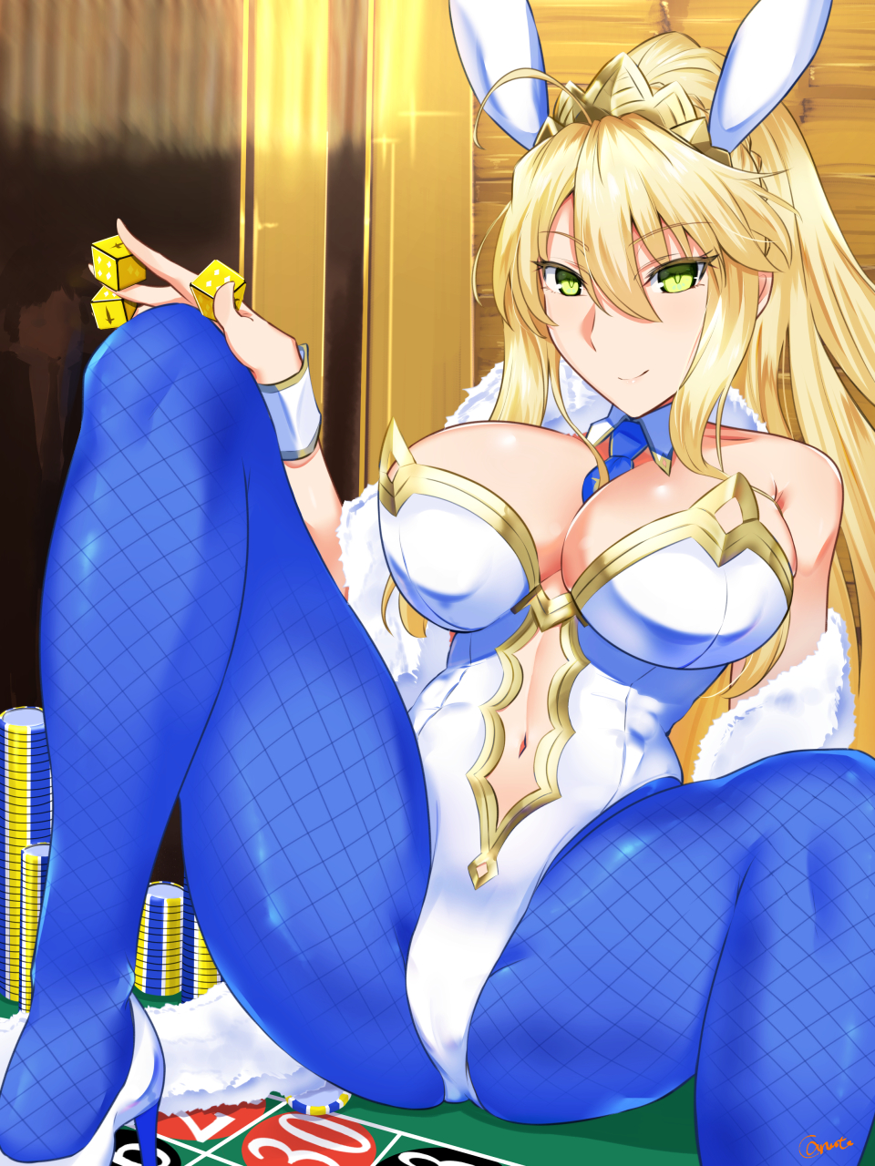 ahoge, animal_ears, artoria_pendragon_(all), artoria_pendragon_(lancer), bare_shoulders, blonde_hair, blue_legwear, breasts, bunny_girl, bunnysuit, caruta, detached_collar, dice, fake_animal_ears, fate/grand_order, fate_(series), green_eyes, hair_between_eyes, high_heels, highleg, highleg_leotard, highres, holding_dice, large_breasts, leotard, long_hair, navel, navel_cutout, on_table, pantyhose, poker_chip, ponytail, rabbit_ears, sidelocks, sitting, smile, spread_legs, strapless, strapless_leotard, table, very_long_hair, white_footwear, white_leotard, wrist_cuffs