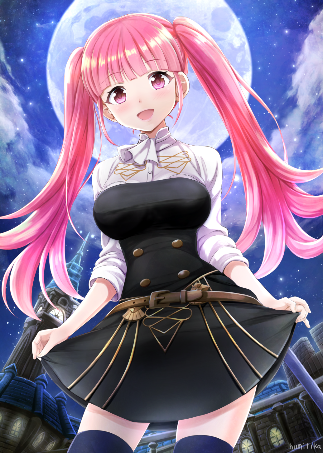 1girl, :d, bangs, belt, belt_buckle, black_dress, blue_legwear, blunt_bangs